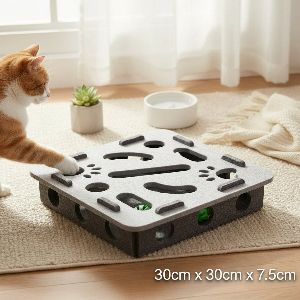 Multi-level felt cat puzzle maze with rolling bell balls for interactive play