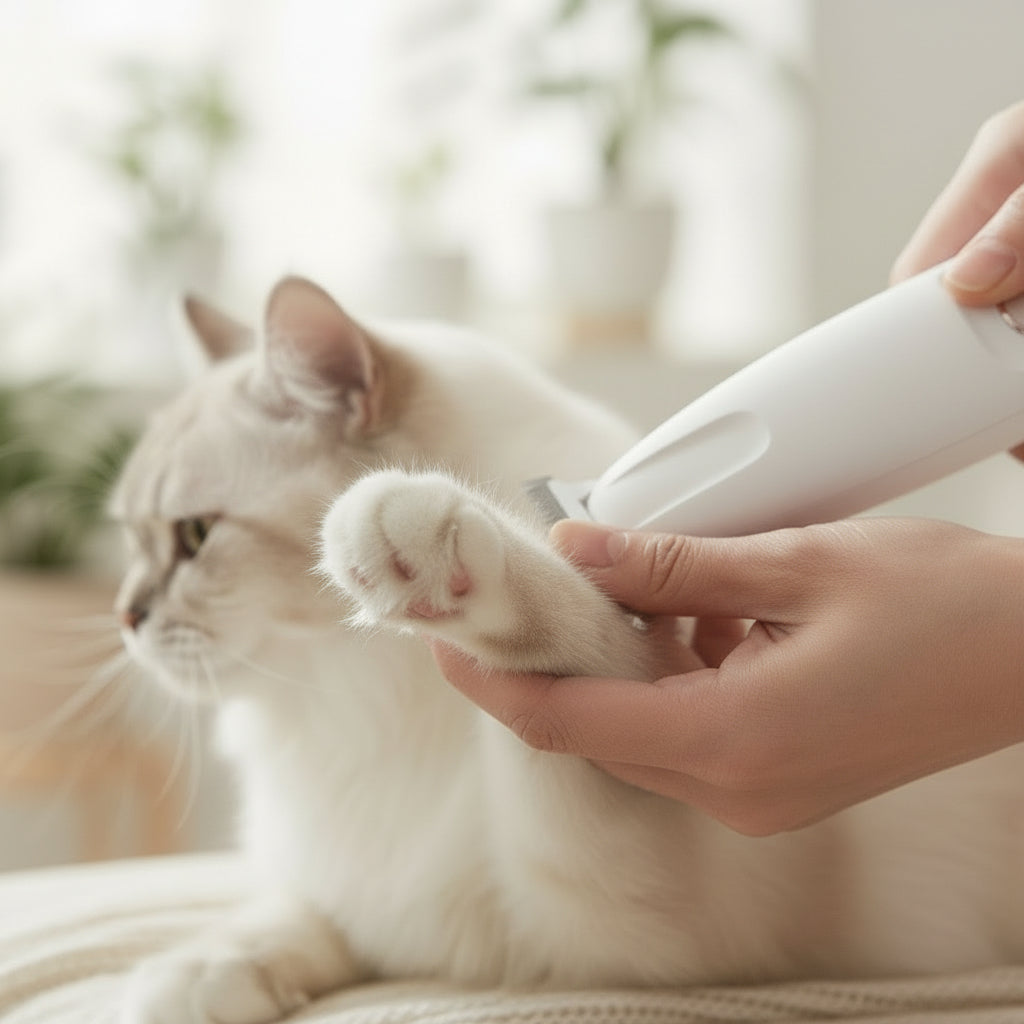 Cat paw being trimmed with LED paw trimmer for stress-free grooming