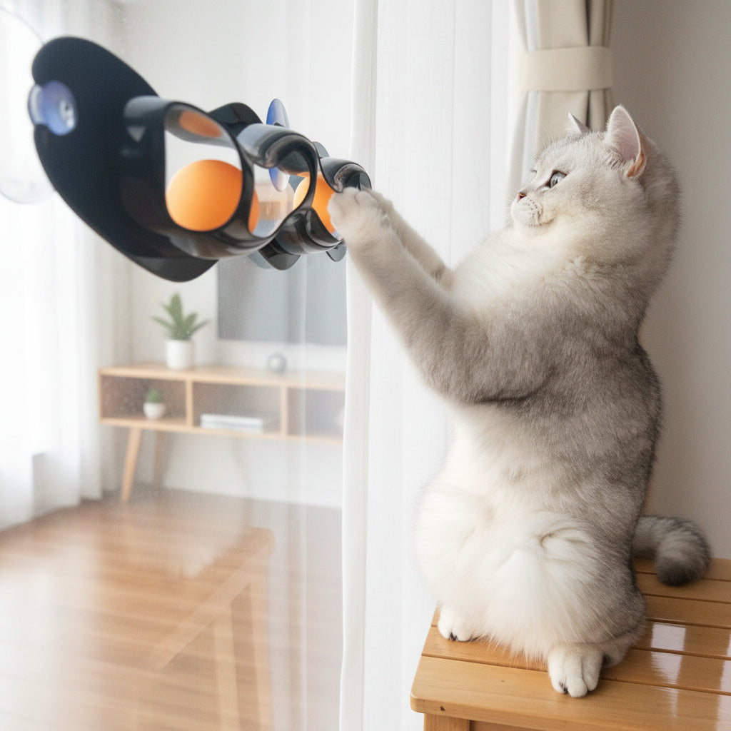 Interactive window-mounted cat toy with spinning balls for indoor enrichment