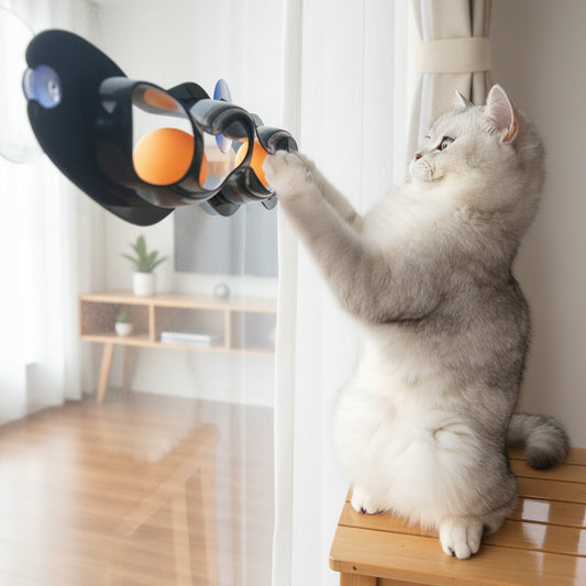 Interactive window-mounted cat toy with spinning balls for indoor enrichment