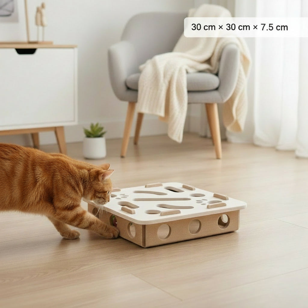 Multi-level felt cat puzzle maze with rolling bell balls for interactive play