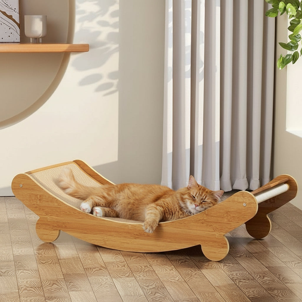 Cat relaxing on minimalist sisal scratcher lounge in modern home